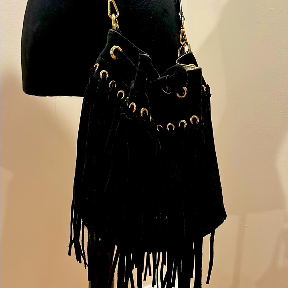 JUST CAVALI Black Suede Fringe Bag